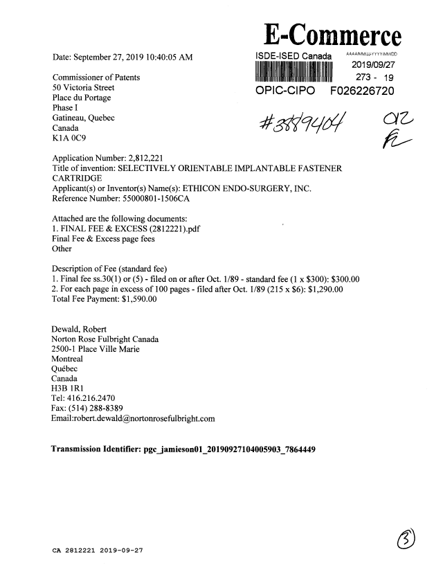 Document de brevet canadien 2812221. Taxe finale 20190927. Image 1 de 3