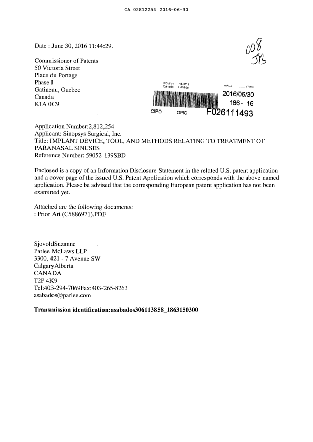 Document de brevet canadien 2812254. Modification 20160630. Image 1 de 1