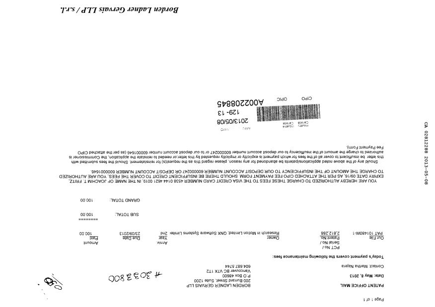 Document de brevet canadien 2812288. Taxes 20130508. Image 1 de 1