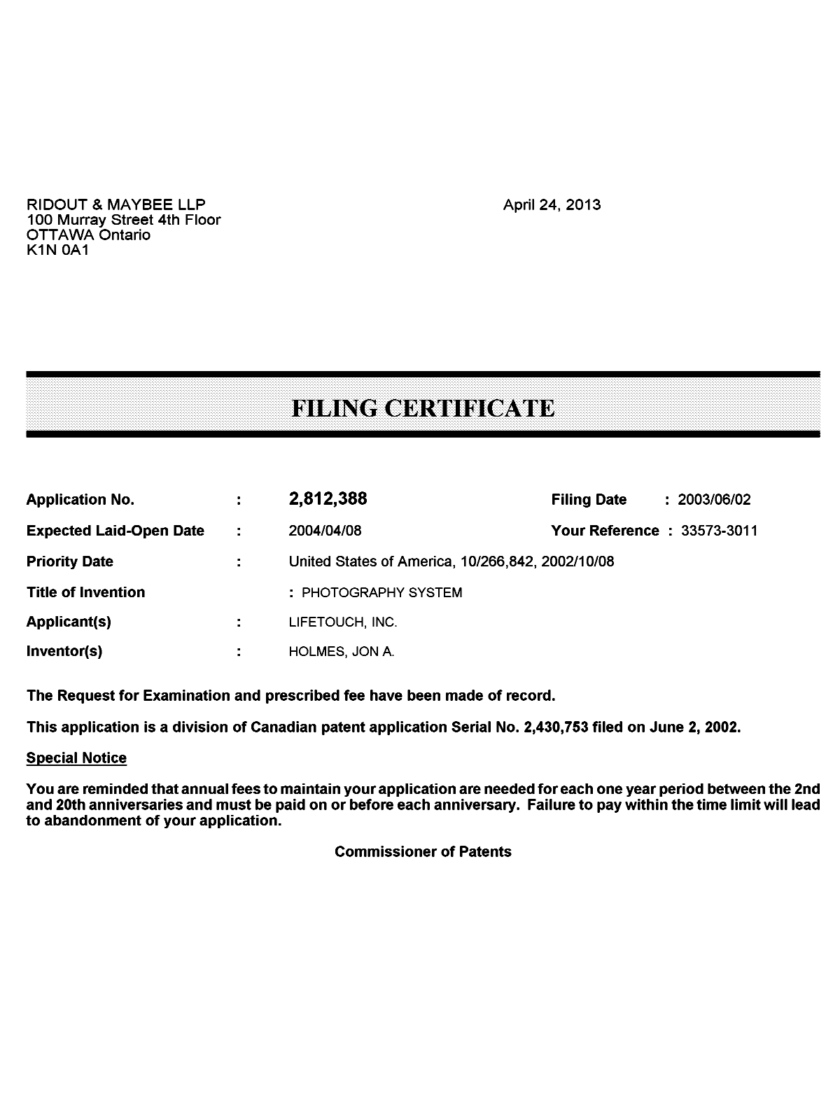 Document de brevet canadien 2812388. Correspondance 20130424. Image 1 de 1