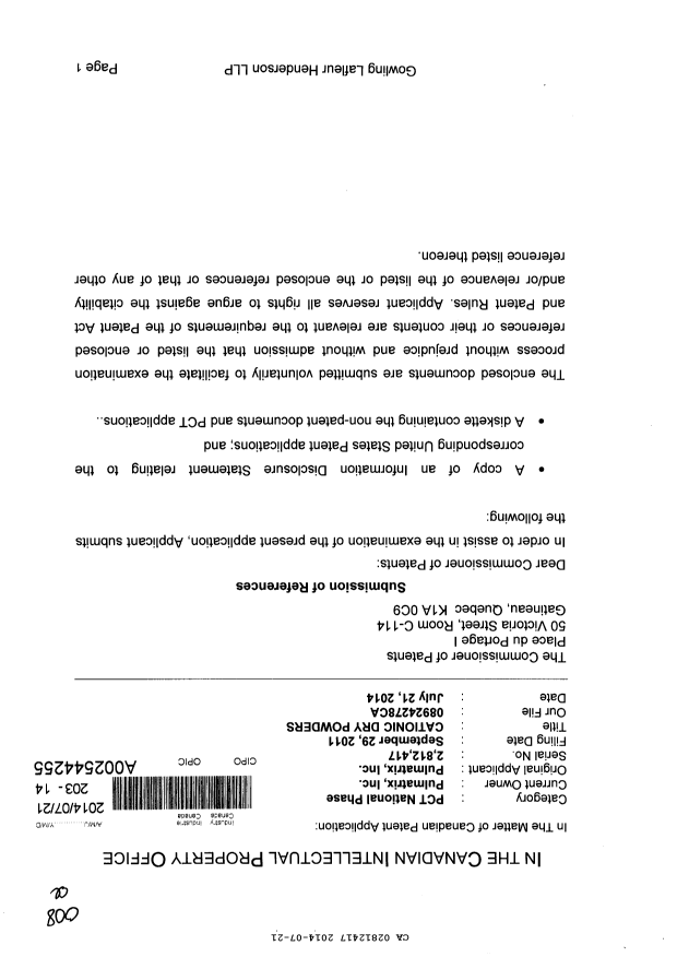 Canadian Patent Document 2812417. Prosecution-Amendment 20140721. Image 1 of 2