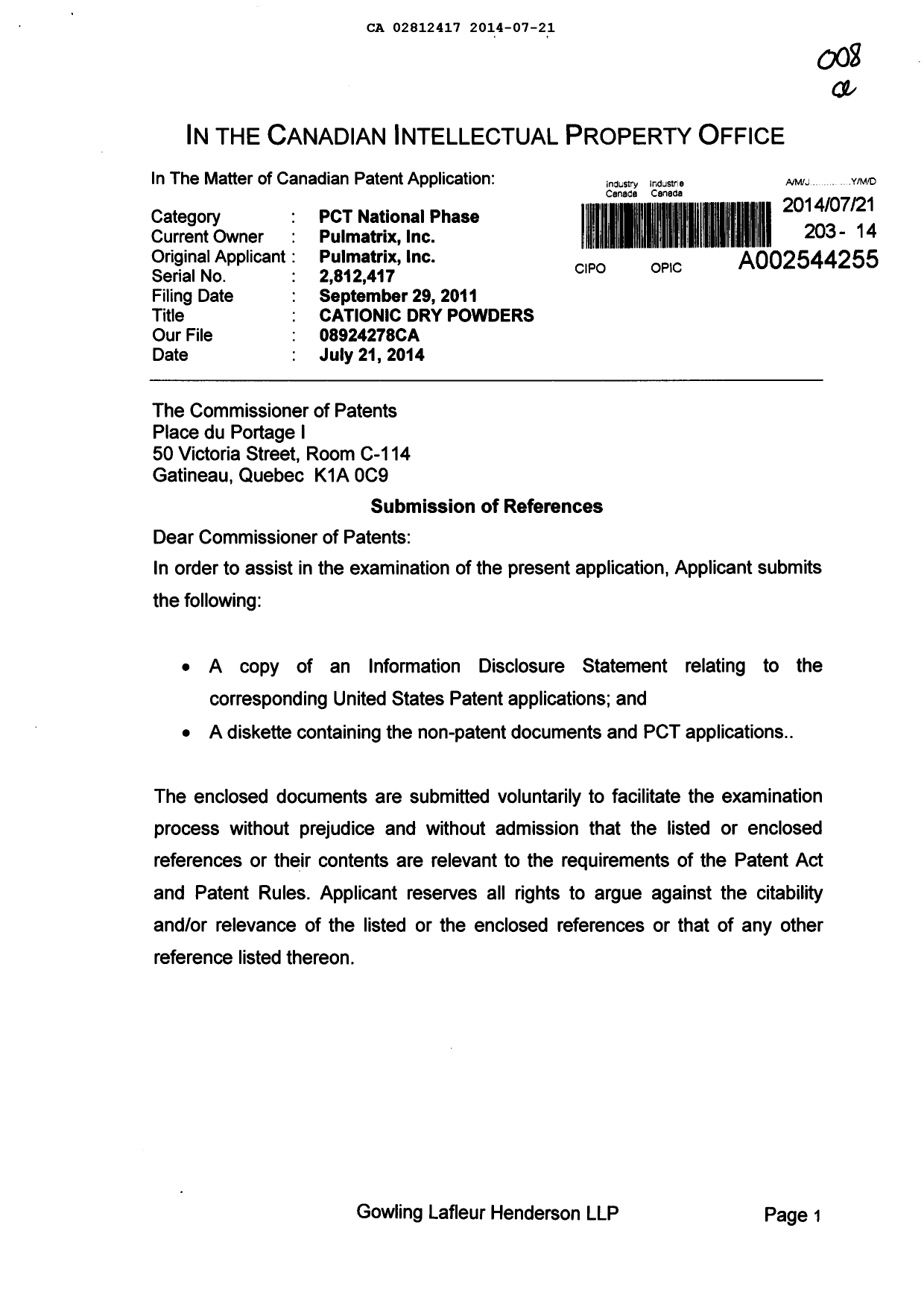 Document de brevet canadien 2812417. Poursuite-Amendment 20140721. Image 1 de 2