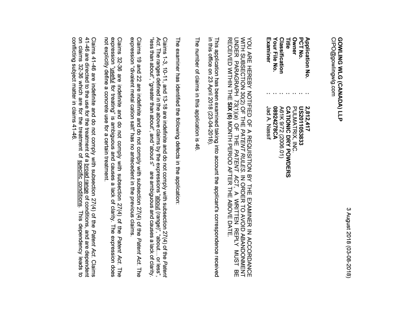Document de brevet canadien 2812417. Demande d'examen 20180803. Image 1 de 3