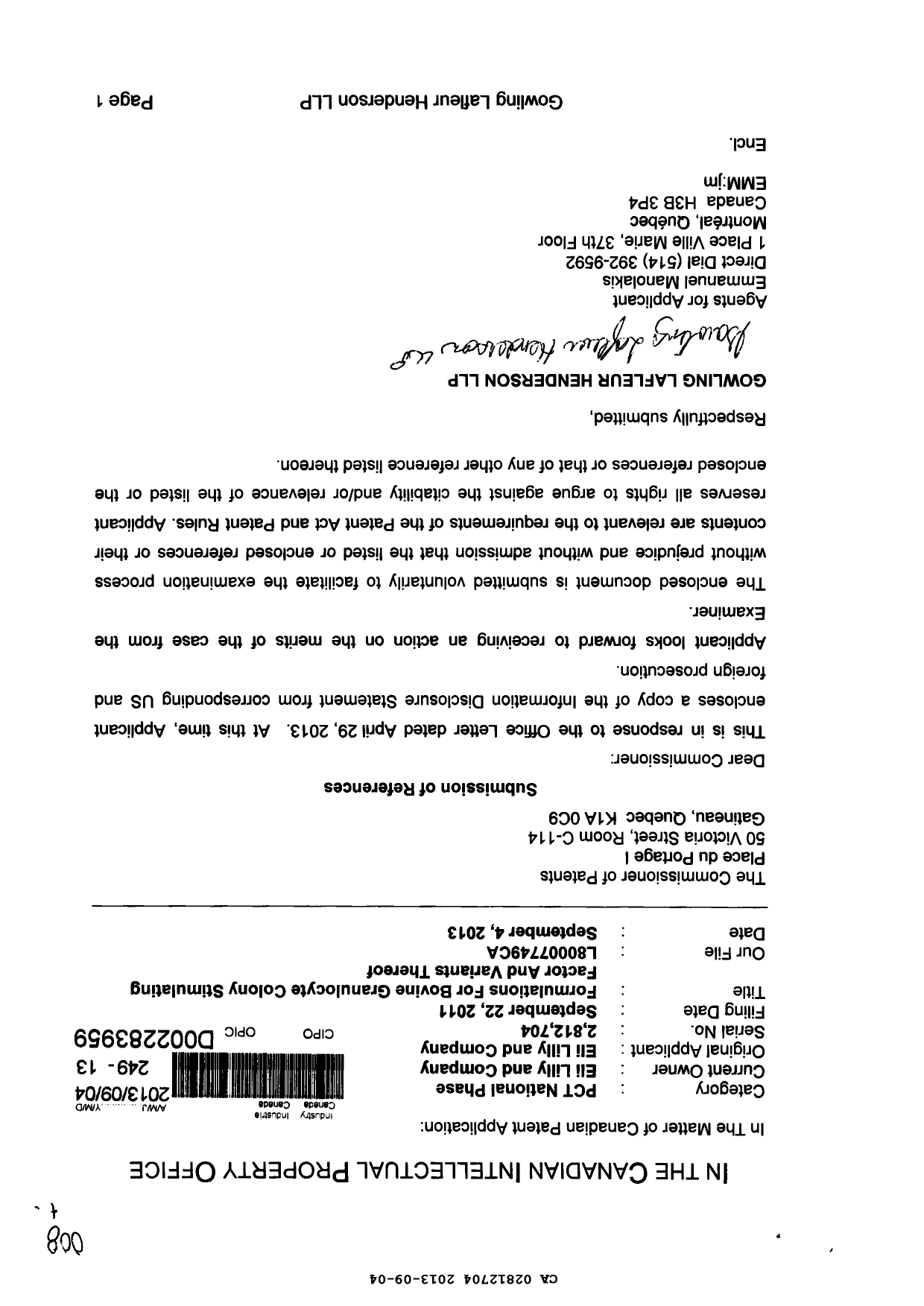 Canadian Patent Document 2812704. Prosecution-Amendment 20121204. Image 1 of 1