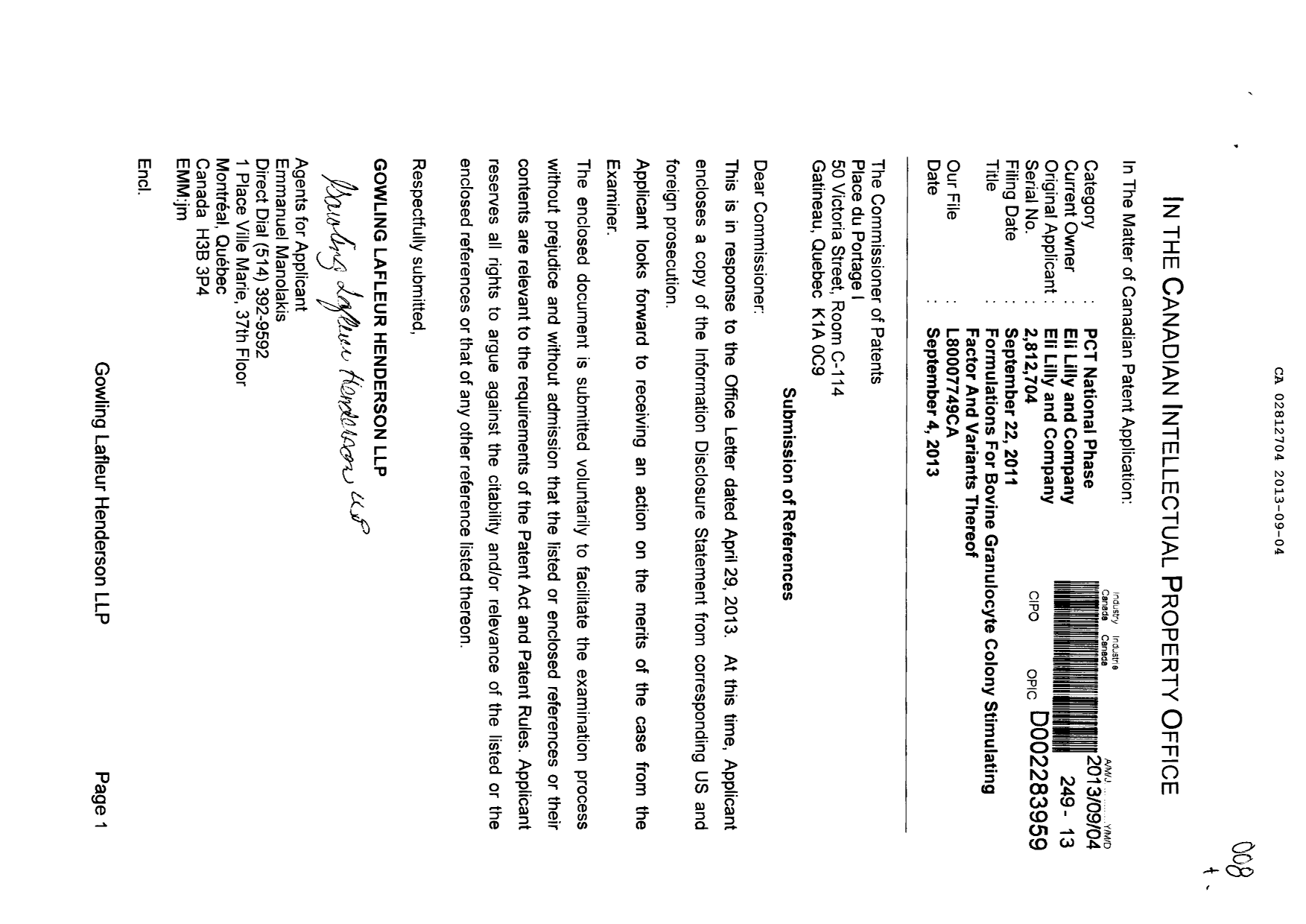 Document de brevet canadien 2812704. Poursuite-Amendment 20121204. Image 1 de 1