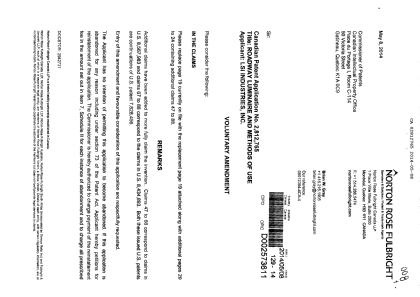 Canadian Patent Document 2812765. Prosecution-Amendment 20140508. Image 1 of 14