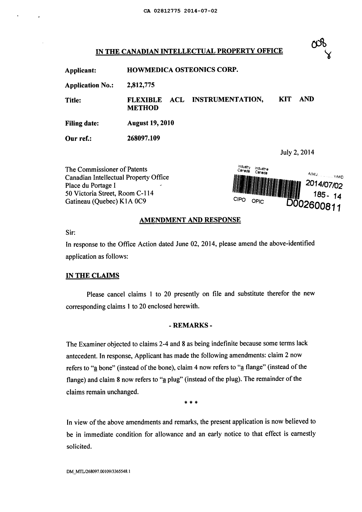 Canadian Patent Document 2812775. Prosecution-Amendment 20131202. Image 1 of 5