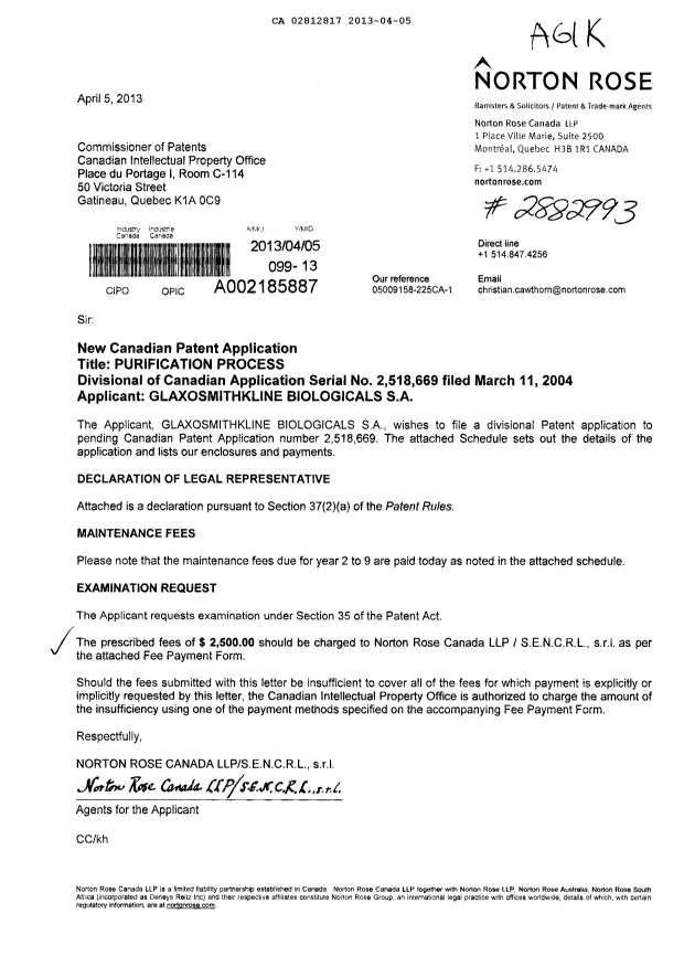 Document de brevet canadien 2812817. Cession 20130405. Image 1 de 4