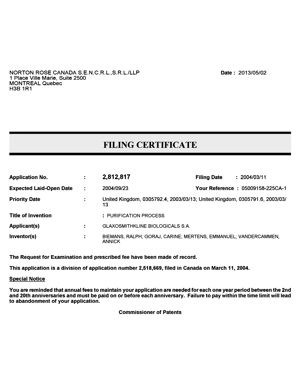 Document de brevet canadien 2812817. Correspondance 20130502. Image 1 de 1