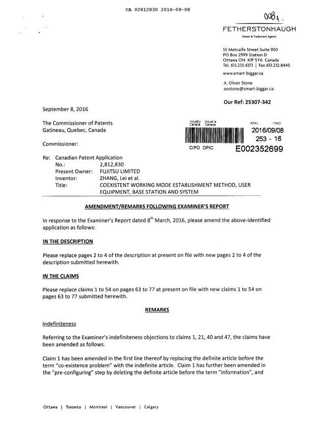 Document de brevet canadien 2812830. Poursuite-Amendment 20151208. Image 1 de 21