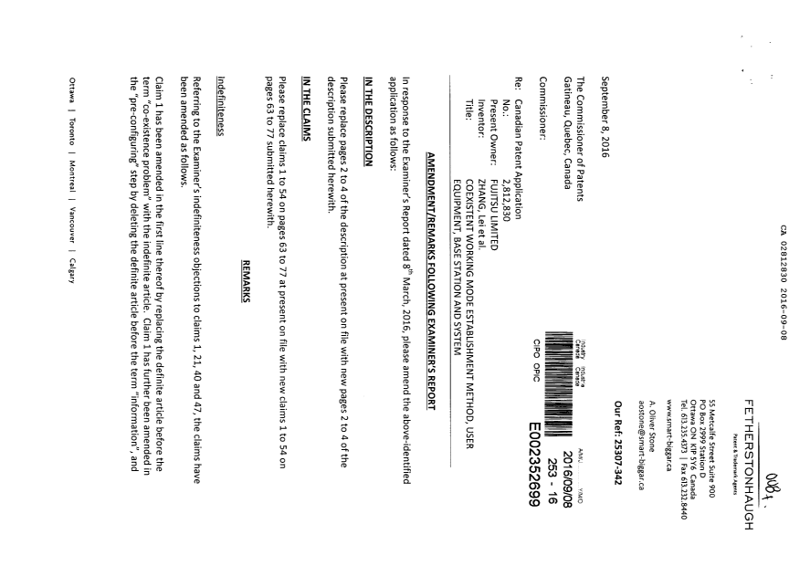 Canadian Patent Document 2812830. Prosecution-Amendment 20151208. Image 1 of 21