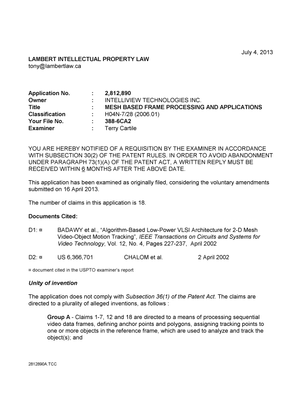Canadian Patent Document 2812890. Prosecution-Amendment 20130704. Image 1 of 4