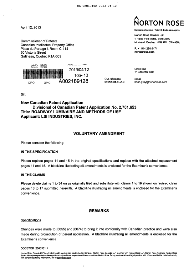 Canadian Patent Document 2813102. Prosecution-Amendment 20130412. Image 1 of 13