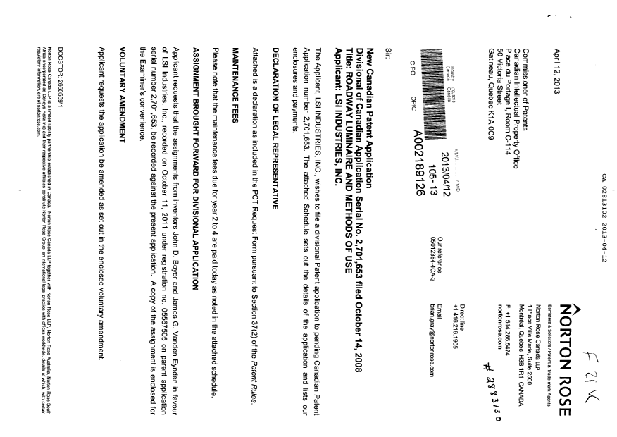 Document de brevet canadien 2813102. Cession 20130412. Image 1 de 17