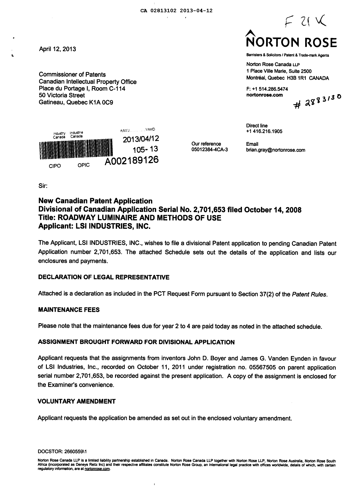 Document de brevet canadien 2813102. Cession 20130412. Image 1 de 17