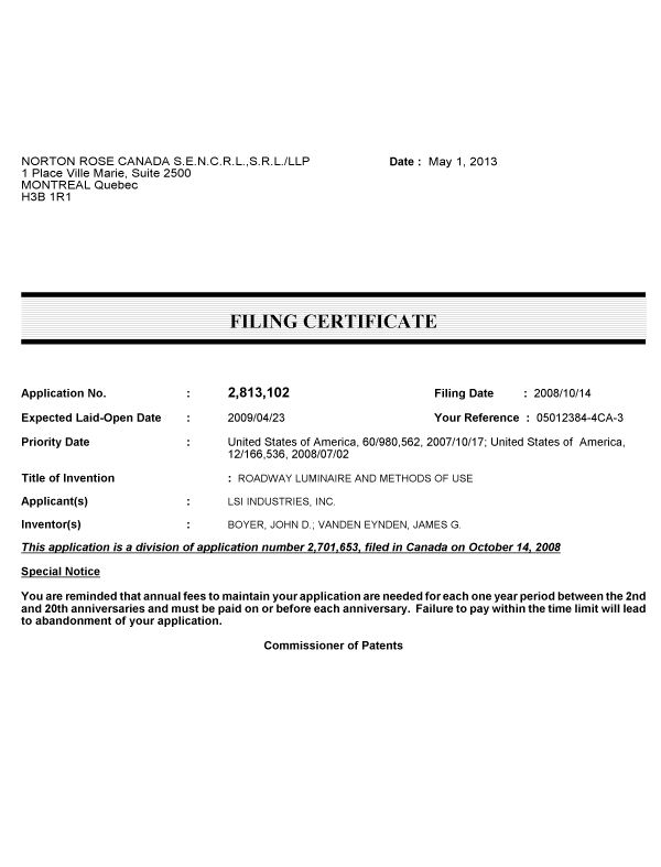 Canadian Patent Document 2813102. Correspondence 20130501. Image 1 of 1