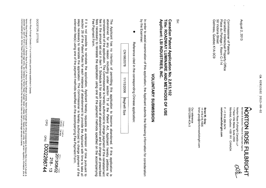 Document de brevet canadien 2813102. Poursuite-Amendment 20130802. Image 1 de 2