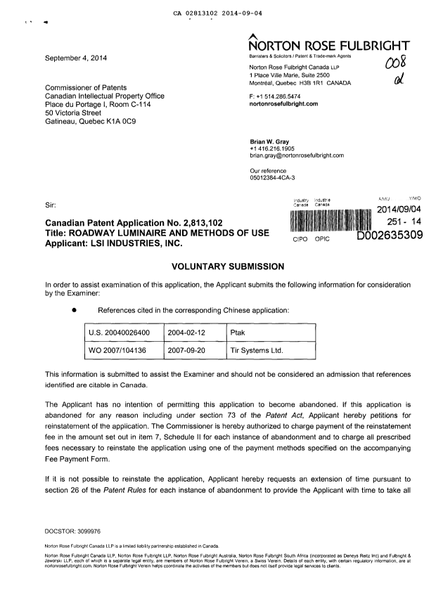 Canadian Patent Document 2813102. Prosecution-Amendment 20140904. Image 1 of 2