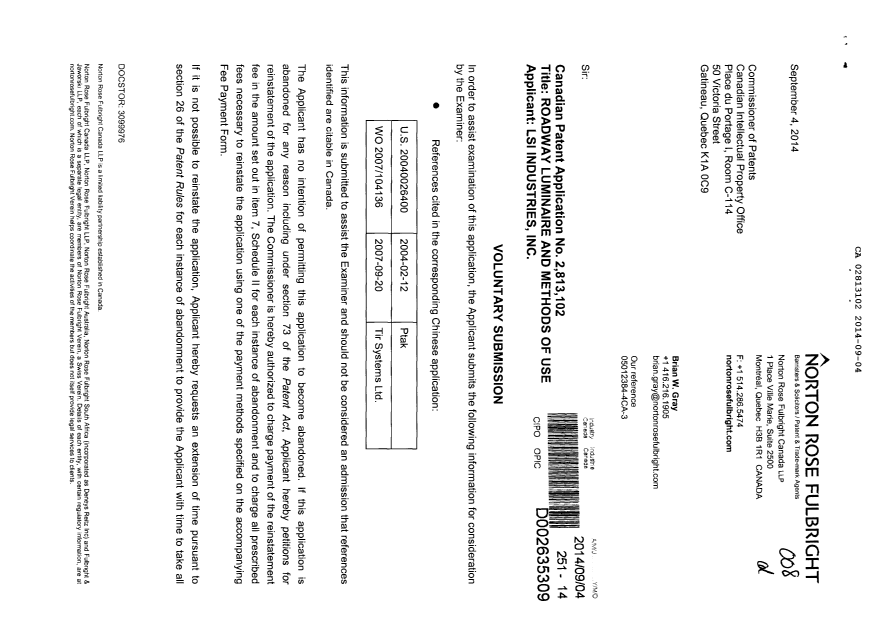 Document de brevet canadien 2813102. Poursuite-Amendment 20140904. Image 1 de 2