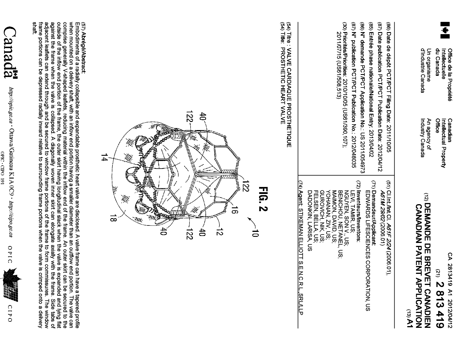 Document de brevet canadien 2813419. Page couverture 20121218. Image 1 de 1