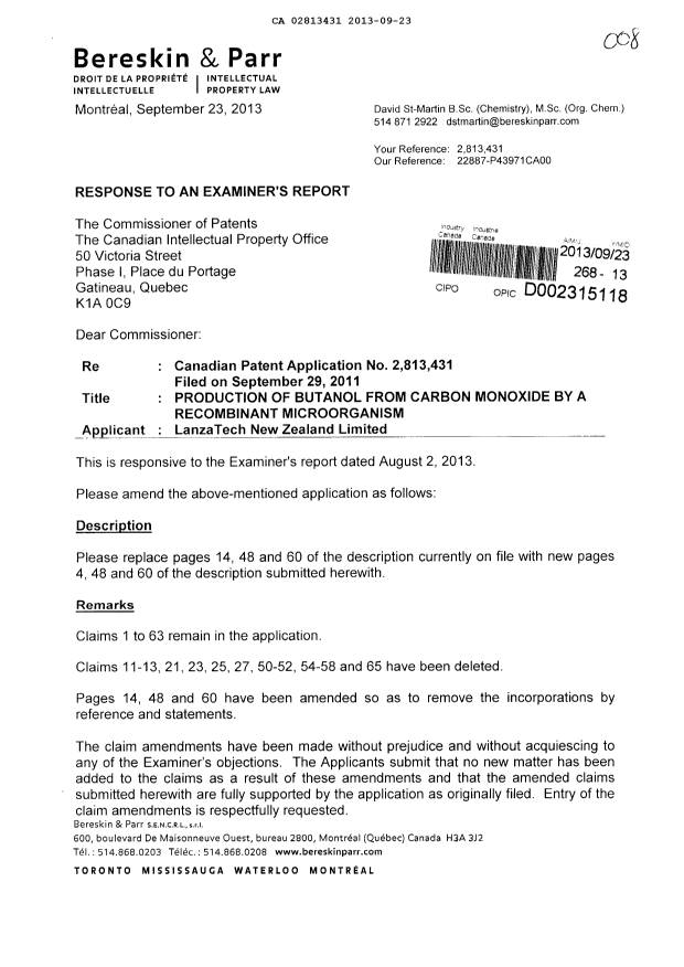 Document de brevet canadien 2813431. Poursuite-Amendment 20121223. Image 1 de 14