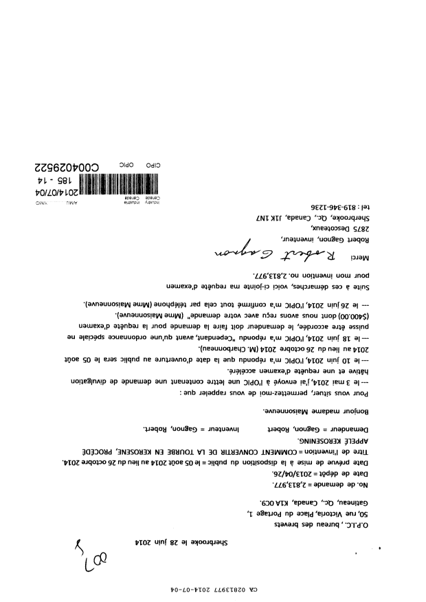 Canadian Patent Document 2813977. Prosecution-Amendment 20140704. Image 1 of 2