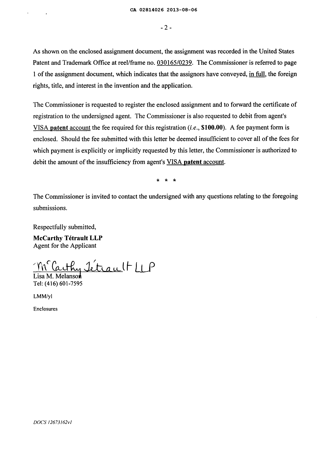 Canadian Patent Document 2814026. Correspondence 20130806. Image 2 of 3