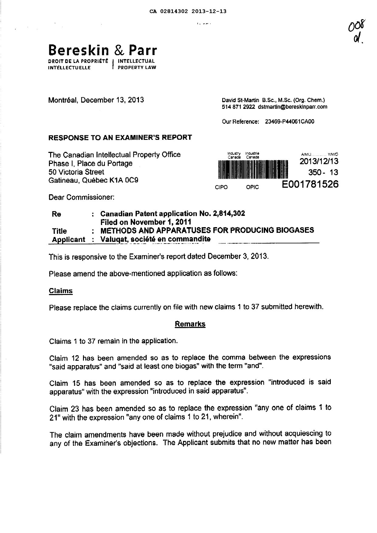 Document de brevet canadien 2814302. Poursuite-Amendment 20131213. Image 1 de 7