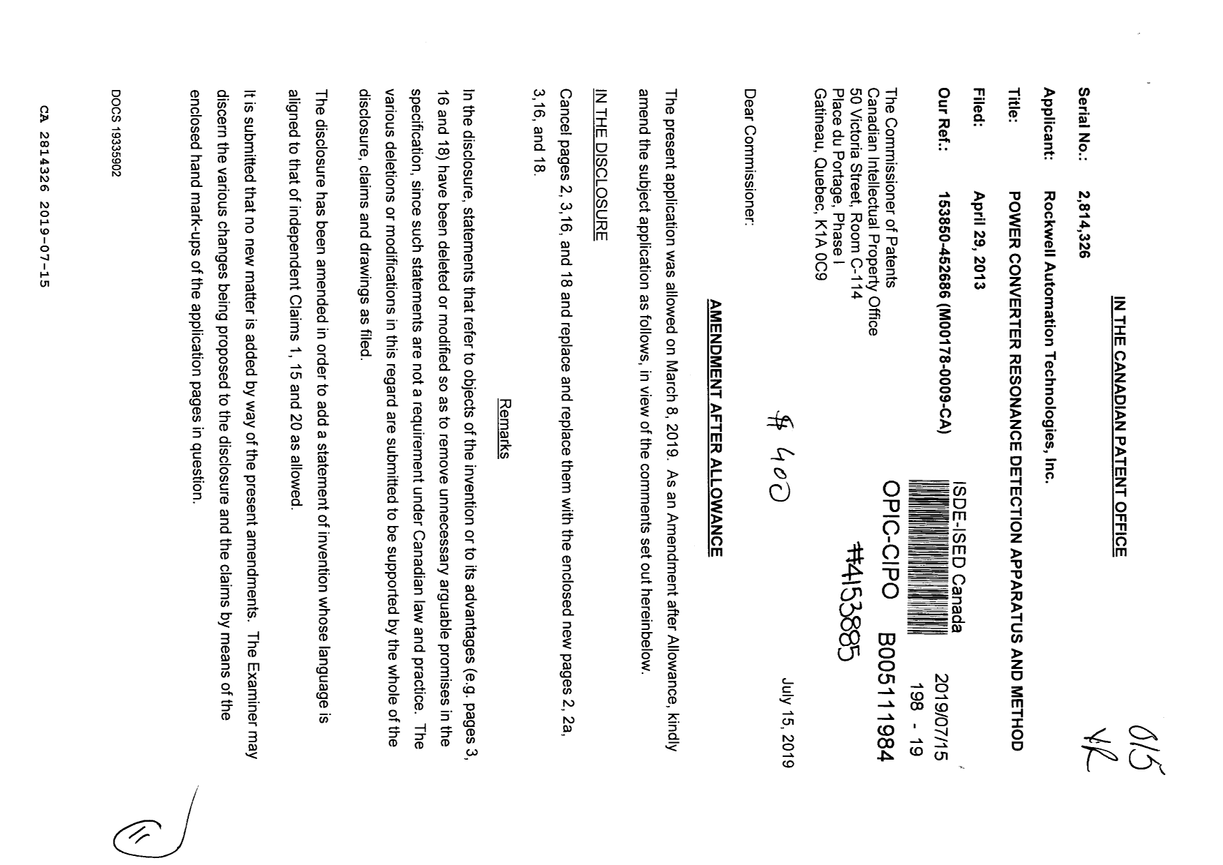Canadian Patent Document 2814326. Amendment after Allowance 20190715. Image 1 of 11