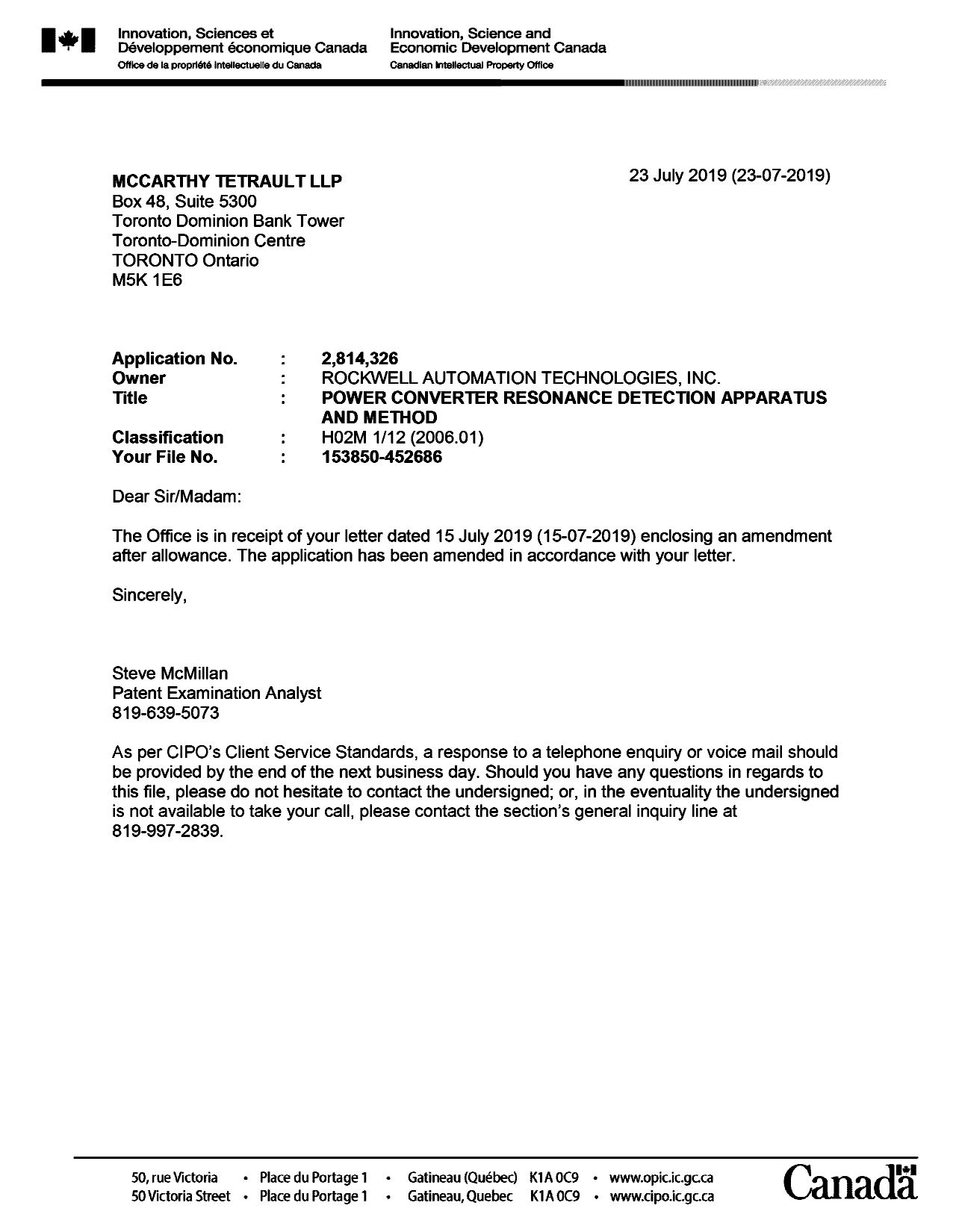 Document de brevet canadien 2814326. Accusé d'autorisation des modifications 20190723. Image 1 de 1