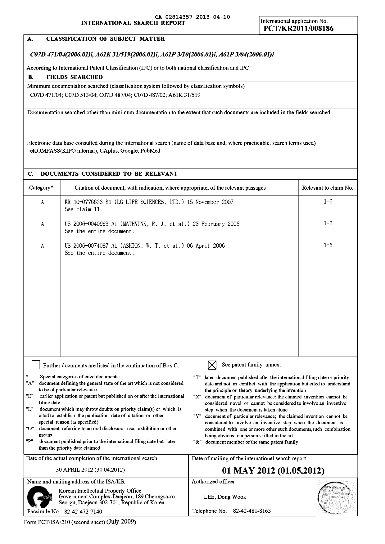 Document de brevet canadien 2814357. PCT 20130410. Image 1 de 2