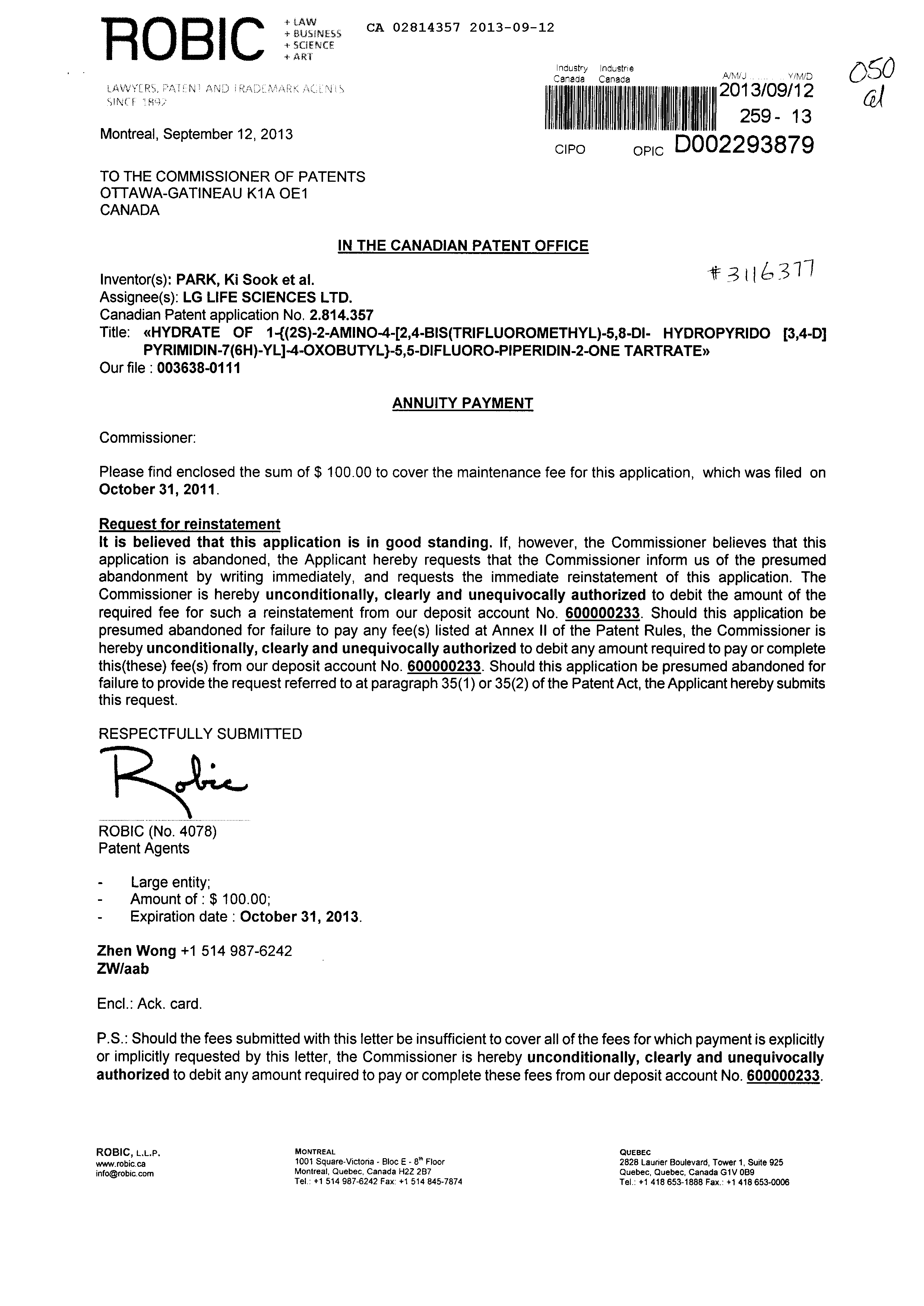Canadian Patent Document 2814357. Fees 20130912. Image 1 of 1
