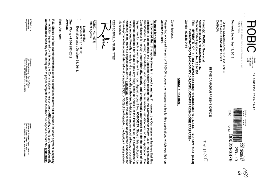 Canadian Patent Document 2814357. Fees 20130912. Image 1 of 1