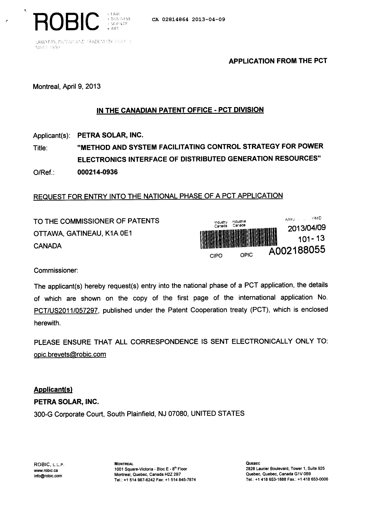 Document de brevet canadien 2814864. Cession 20130409. Image 1 de 5