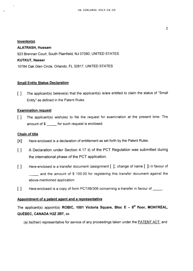 Document de brevet canadien 2814864. Cession 20130409. Image 2 de 5