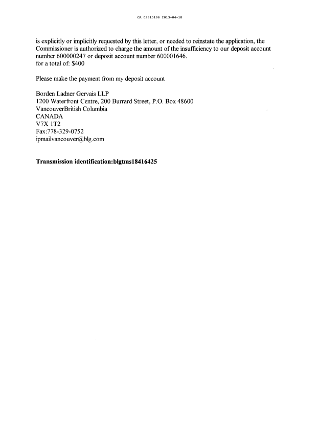 Document de brevet canadien 2815196. Cession 20130418. Image 2 de 13