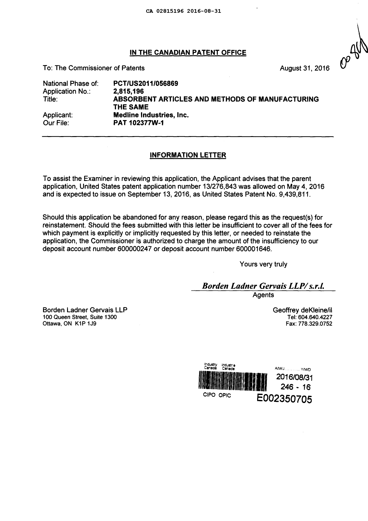 Document de brevet canadien 2815196. Modification 20160831. Image 1 de 1