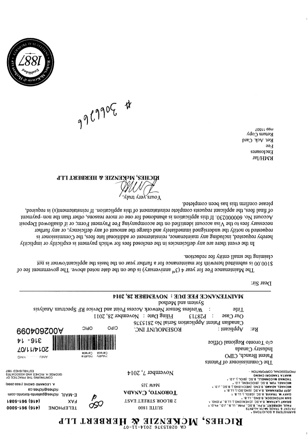 Document de brevet canadien 2815376. Taxes 20141107. Image 1 de 1