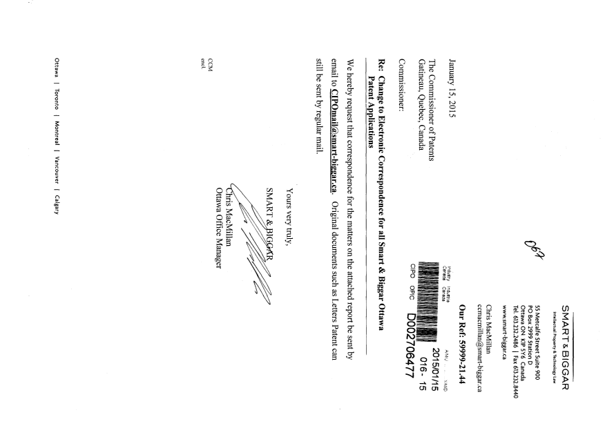 Document de brevet canadien 2815432. Correspondance 20141215. Image 1 de 2