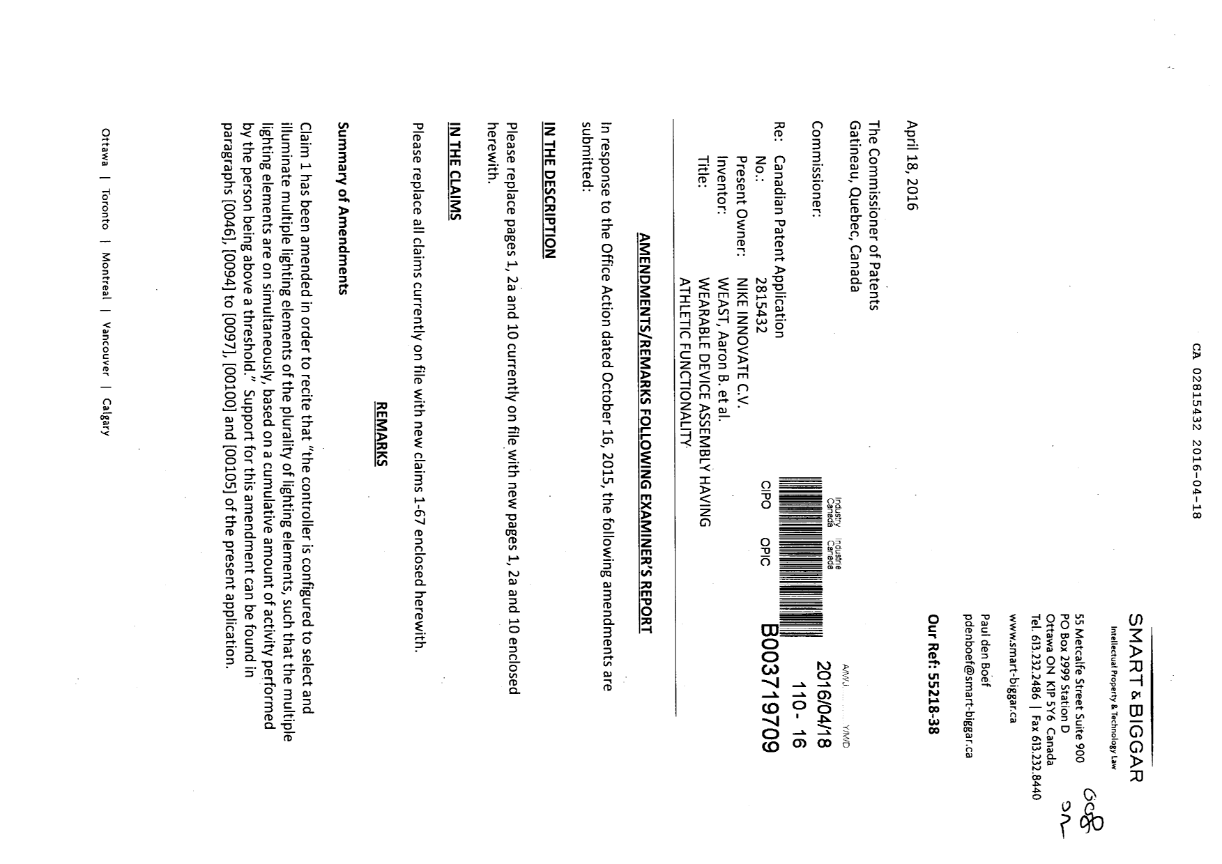 Canadian Patent Document 2815432. Prosecution-Amendment 20151218. Image 1 of 27