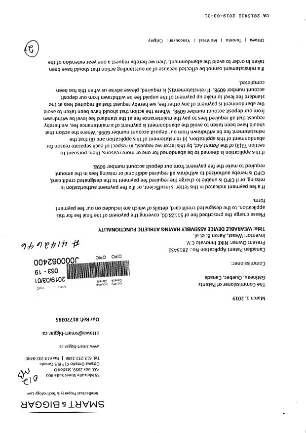 Document de brevet canadien 2815432. Correspondance 20181201. Image 1 de 2