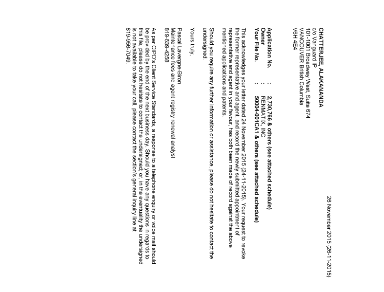 Document de brevet canadien 2815597. Lettre du bureau 20151126. Image 1 de 2