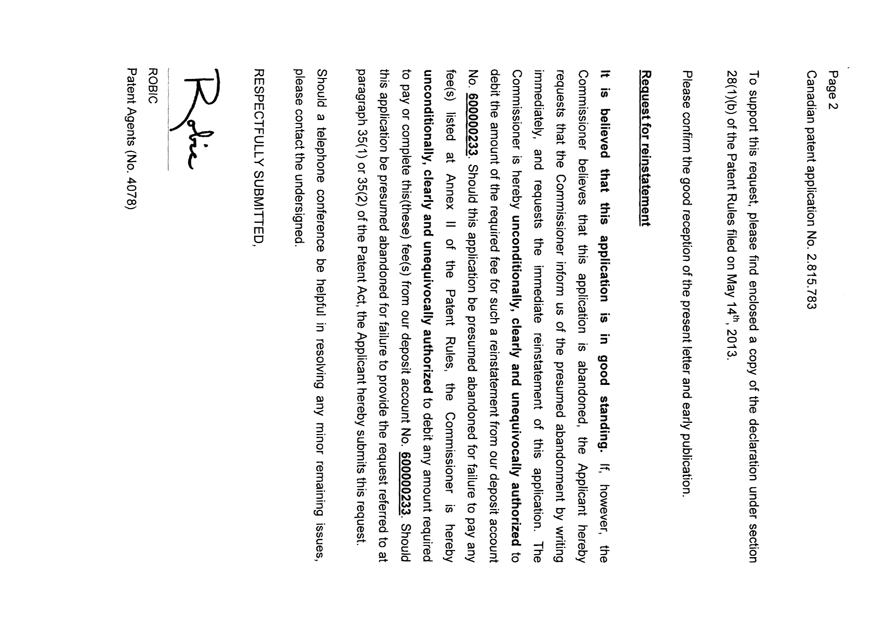 Document de brevet canadien 2815783. Correspondance 20121206. Image 2 de 3