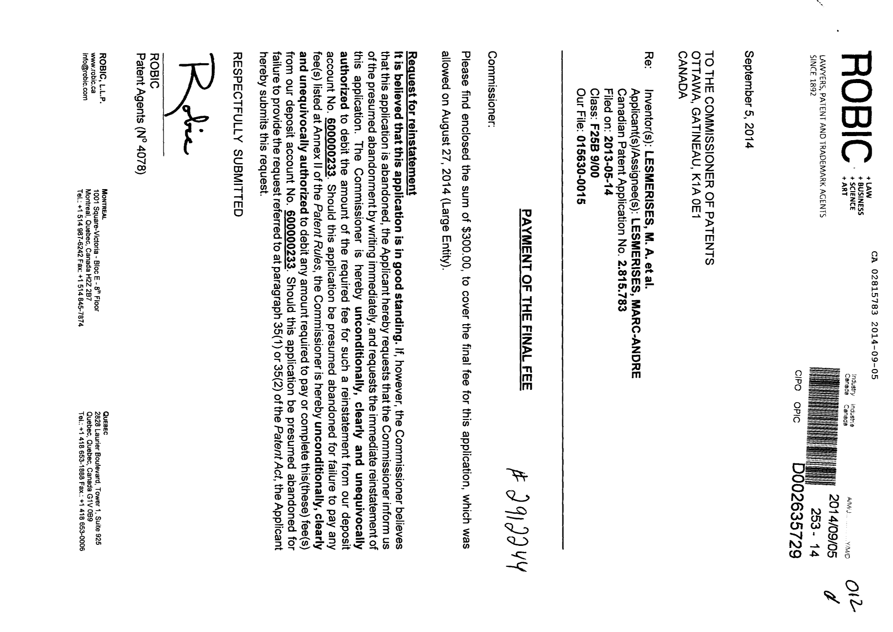 Document de brevet canadien 2815783. Correspondance 20131205. Image 1 de 2