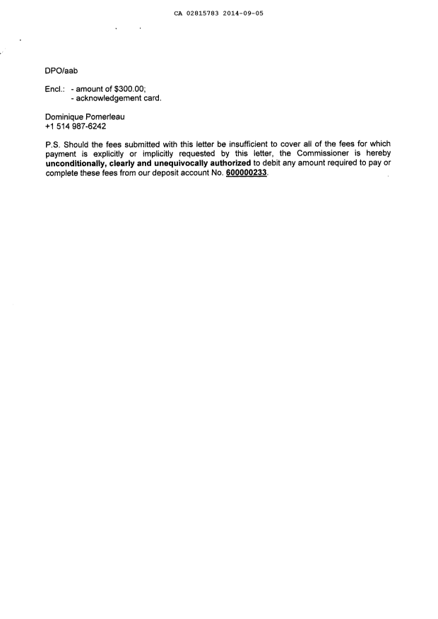 Document de brevet canadien 2815783. Correspondance 20131205. Image 2 de 2