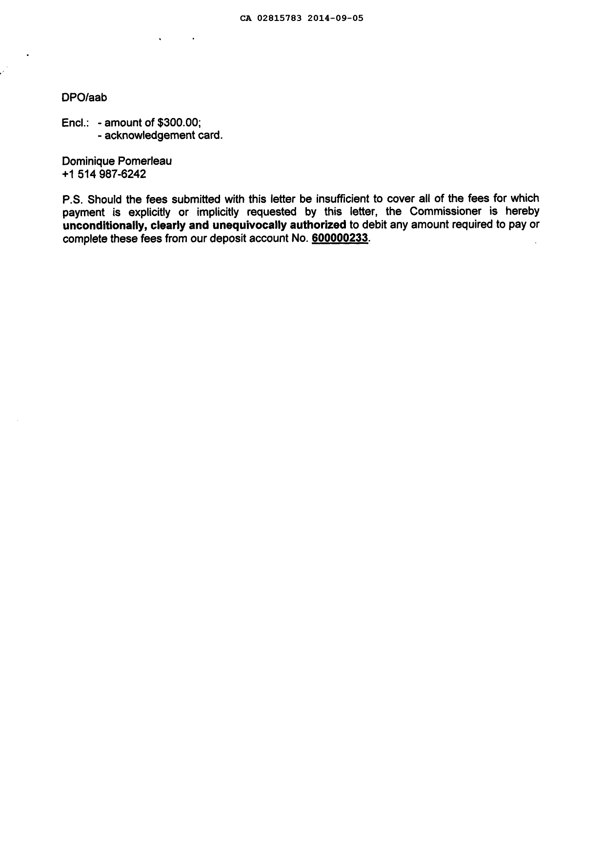 Document de brevet canadien 2815783. Correspondance 20131205. Image 2 de 2