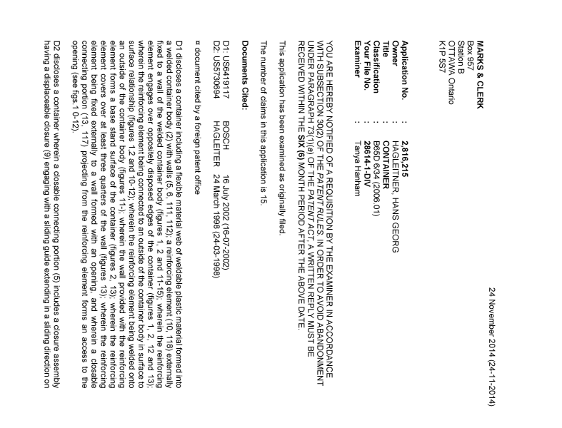 Document de brevet canadien 2816215. Poursuite-Amendment 20141124. Image 1 de 2