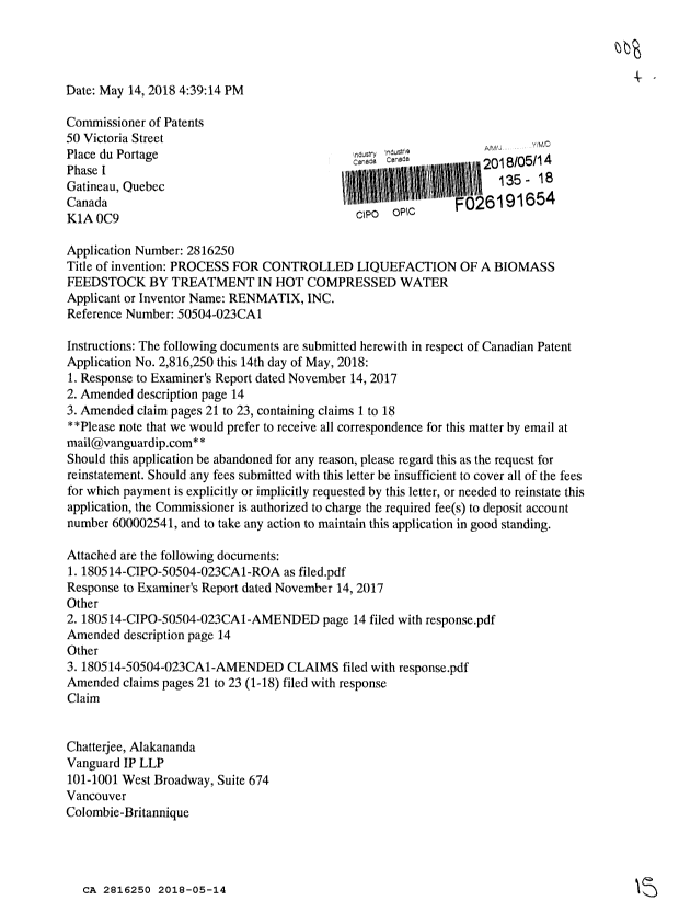 Document de brevet canadien 2816250. Modification 20180514. Image 1 de 15