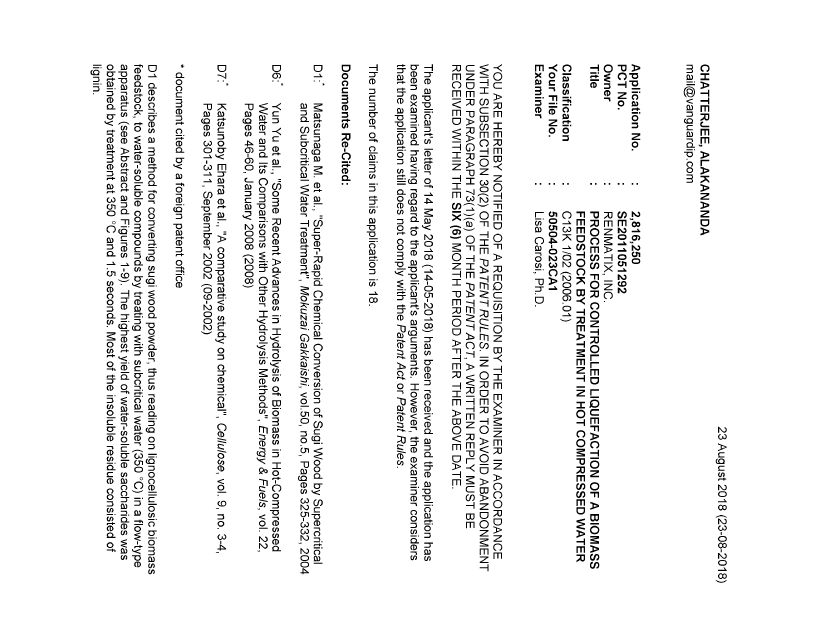 Document de brevet canadien 2816250. Demande d'examen 20180823. Image 1 de 4