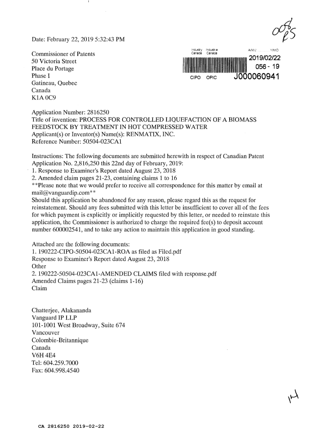 Document de brevet canadien 2816250. Modification 20190222. Image 1 de 14